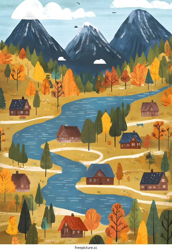 Autumn Landscape With Houses And Mountains