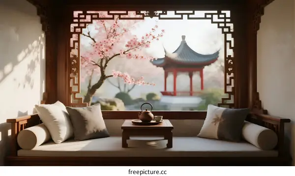 Traditional Chinese Pavilion with Cherry Blossoms Through Window