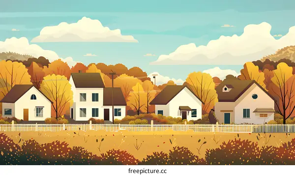 Autumn Landscape with Houses and Trees
