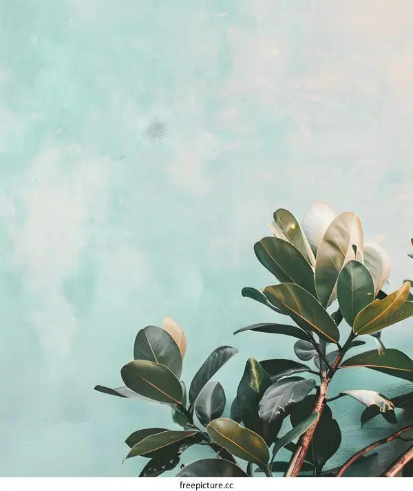 Green Leaves Against a Turquoise Wall