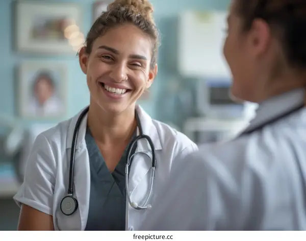 Two female doctors are talking and smiling in a hospital.