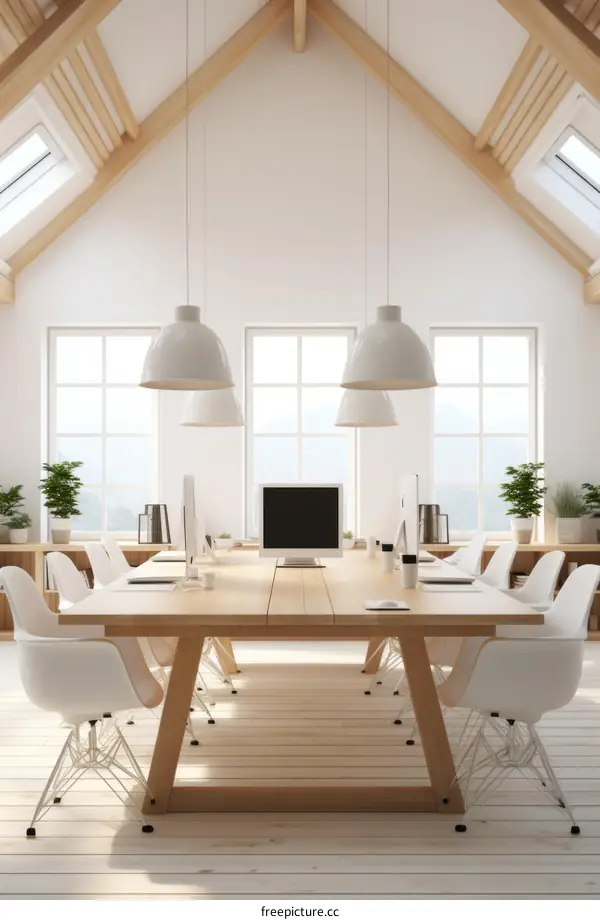 Large conference room with white walls and large windows