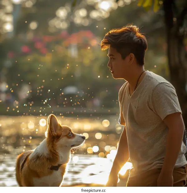 A man and his best friend are enjoying the sunset at the beach