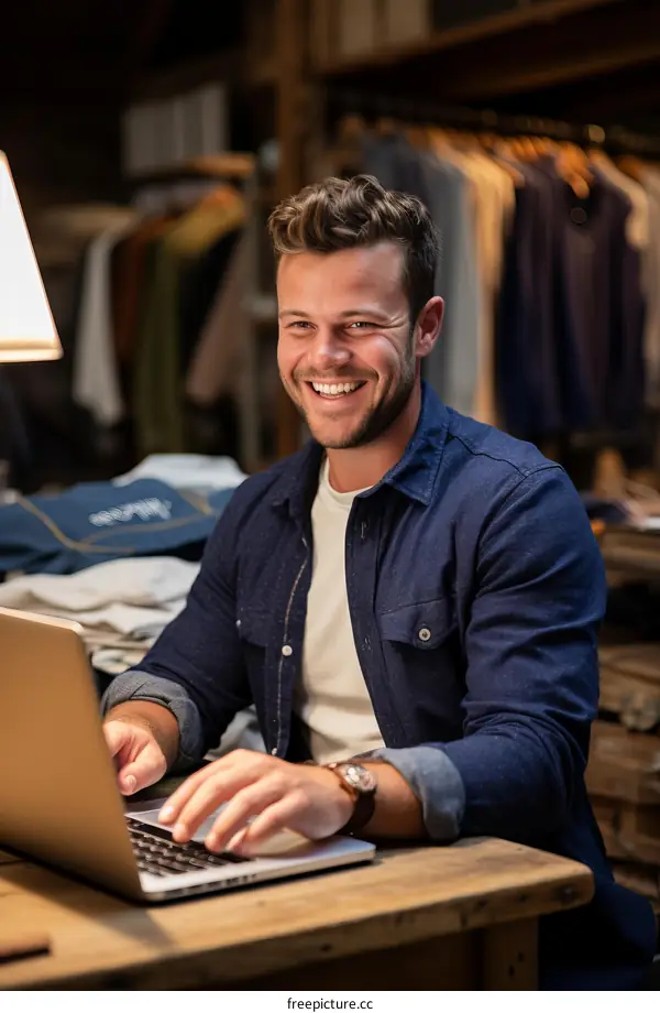 A young man is working on his laptop in a clothing store.