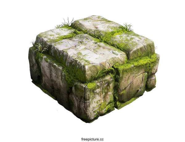 [Transparent Background PNG]A cube of stone with moss and grass on top