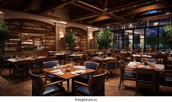 Elegant restaurant interior with wooden ceiling and brick walls