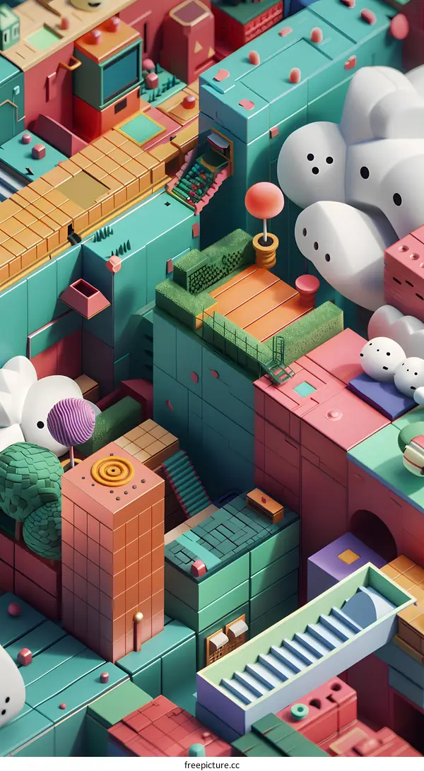 Abstract 3D Illustration of a Cityscape with Colorful Buildings and Geometric Shapes