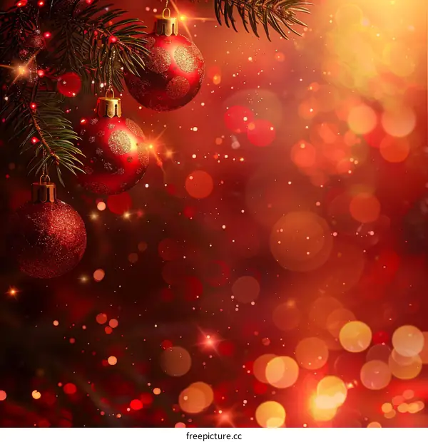 Christmas Ornaments Hanging on a Fir Tree Branch with Blurry Lights