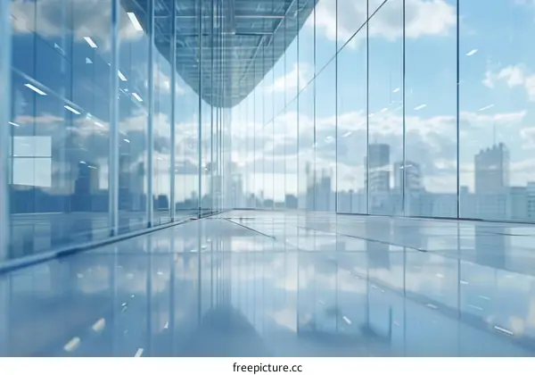 Futuristic empty glass office building interior with cityscape view