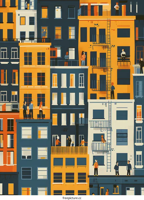 Colorful Cityscape Illustration with People on Balconies