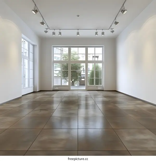 Empty Room with Large Windows and Tile Floor