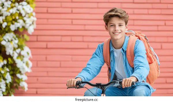 Smiling Teenager Riding Bicycle Outdoor