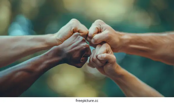 A group of people of different ethnicities joining their fists together