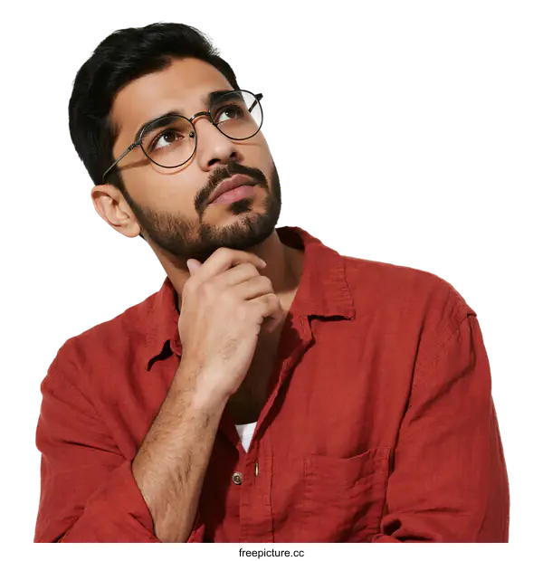 [Transparent Background PNG]A man in red shirt with glasses looking up in thought