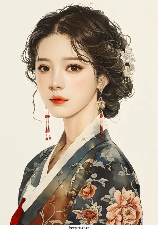A beautiful illustration of a young woman in a traditional Korean dress, or Hanbok. She has long, flowing hair and is wearing a pink hanbok with a floral pattern. The background is a light pink color.