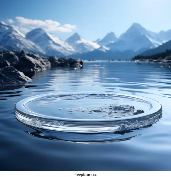 Crystal clear water surface with snow capped mountains in the background