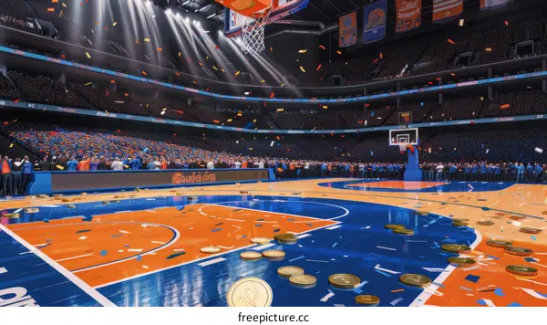 Basketball court with blue and orange confetti and a large crowd in the stands