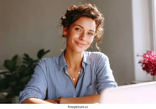 Smiling Woman Working on Laptop Indoor