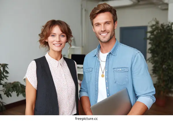 Two Caucasian Professionals Posing with Laptop