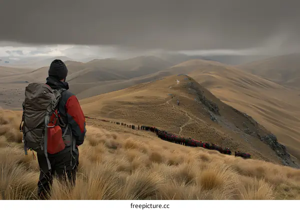 Backpacker Looking at a Line of People Hiking Up a Mountain