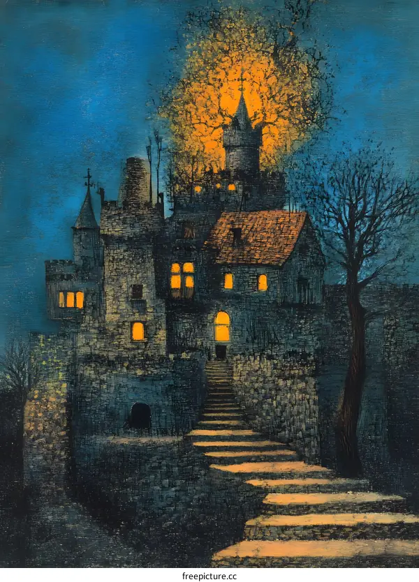 Nighttime View of a Stone Castle with a Tree
