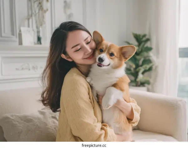 Asian Woman Affectionately Holding a Pembroke Welsh Corgi