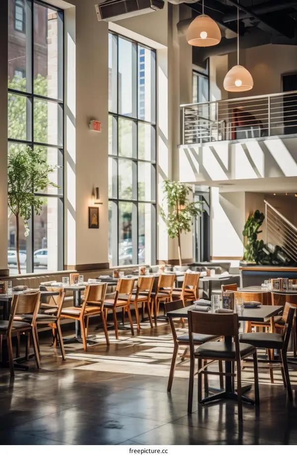 Sunlight streaming through the windows of a modern restaurant