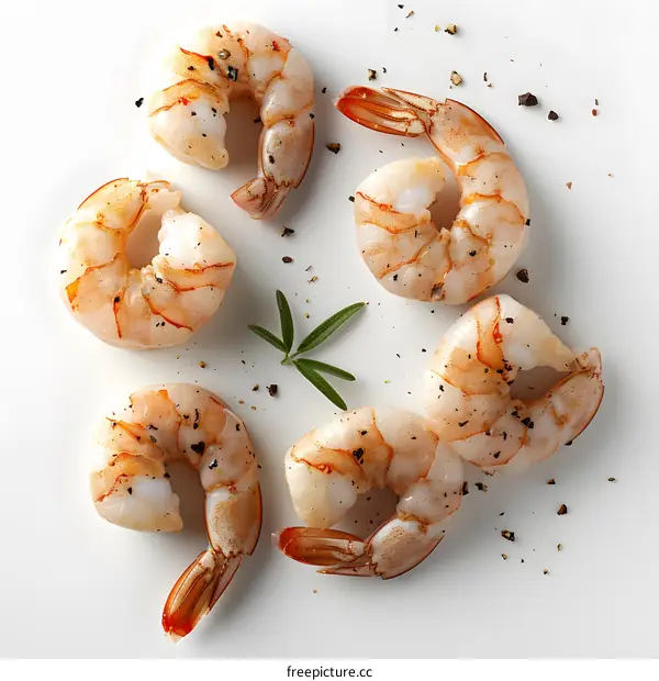 Several raw shrimps are placed on a white surface