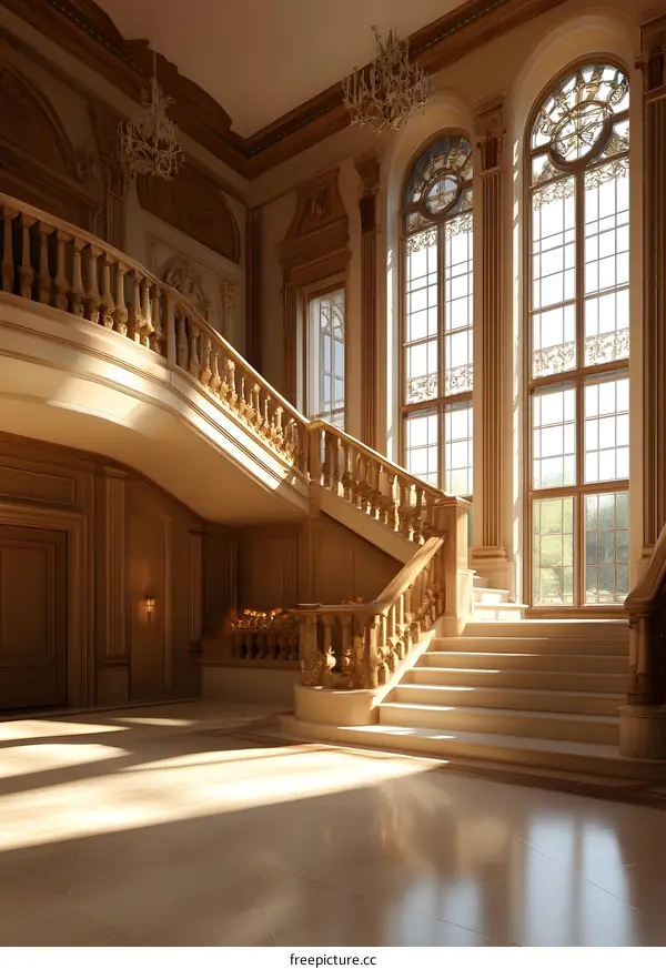 Grand Staircase in a Luxurious Mansion with Ornate Details and Sunbeams