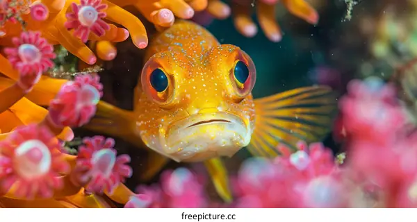 Orange fish with black eyes surrounded by pink and white flowers