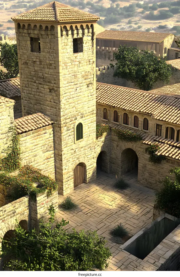 Stone Tower and Courtyard in an Ancient European Village