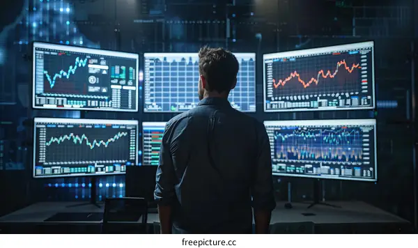 Male stock trader analyzing graphs and charts on multiple computer screens while standing in dark room