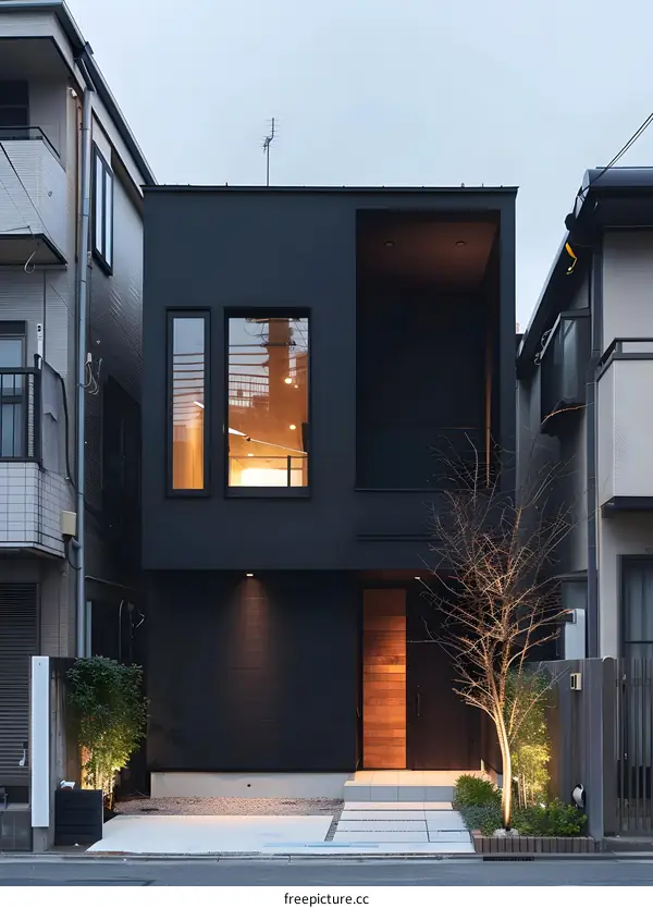 Modern Black Facade House with Wooden Door