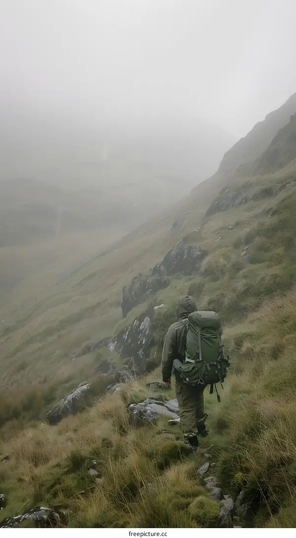 Man Hiking Up a Mountain in Foggy Conditions