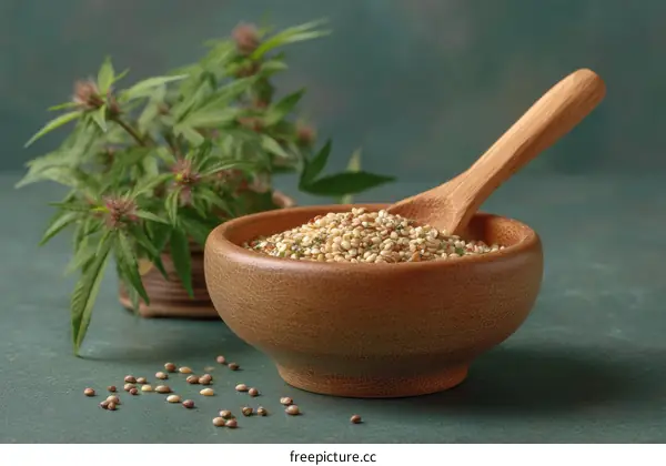 Hemp Seeds and Seeds Mixture in Wooden Bowl