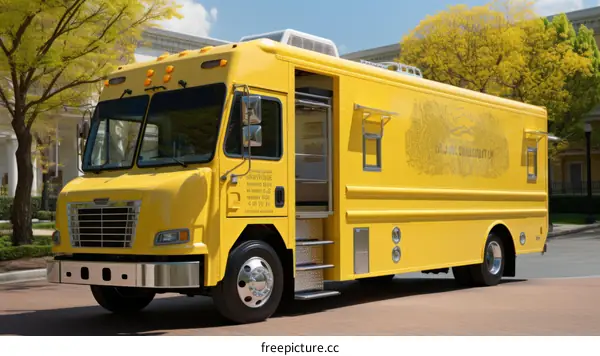 A yellow food truck is parked on a city street.