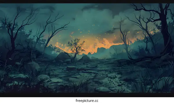 Dark Forest Landscape With Orange Sunset
