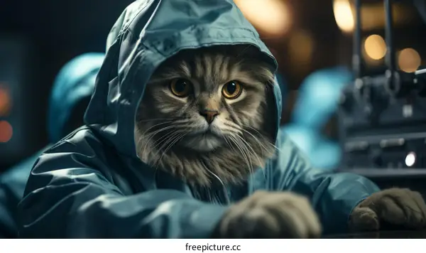 A cat wearing a raincoat is sitting on a table
