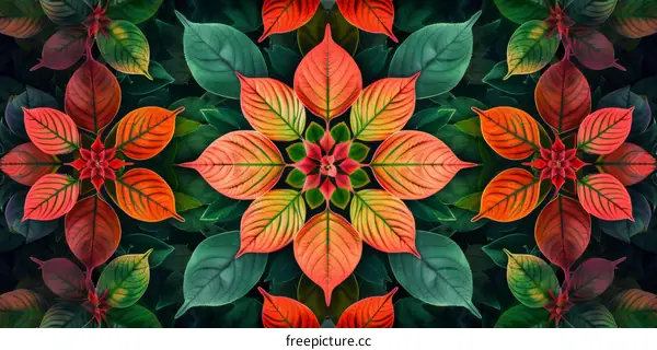 Symmetrical Pattern of Vibrant Red and Green Leaves