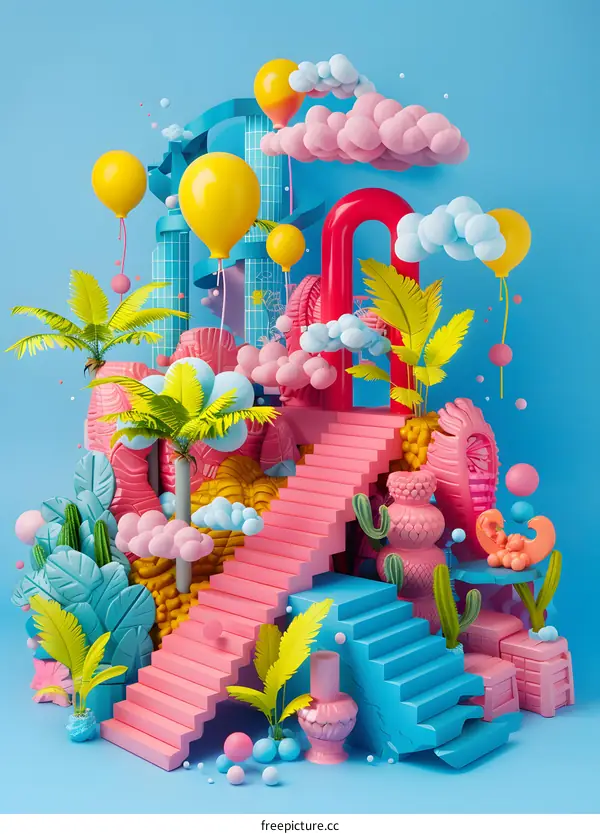 3D Abstract Illustration of Stairs, Clouds and Balloons in a Tropical Landscape