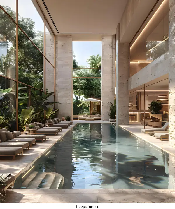 An indoor swimming pool with a view of the lush greenery outside