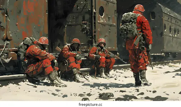 soldiers in red uniform with guns standing near train in snowy field