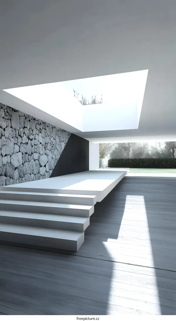 Modern Minimalist White Platform with Stone Wall in Interior Design
