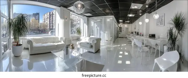 Modern White Salon Interior with Diverse Clientele