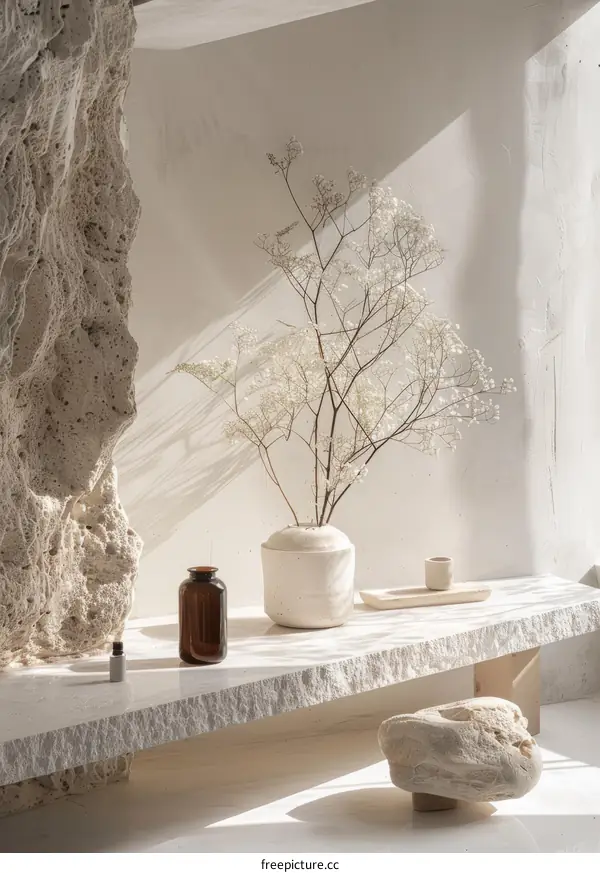 Minimalist Dried Flowers and Essential Oil Bottle on Marble Shelf