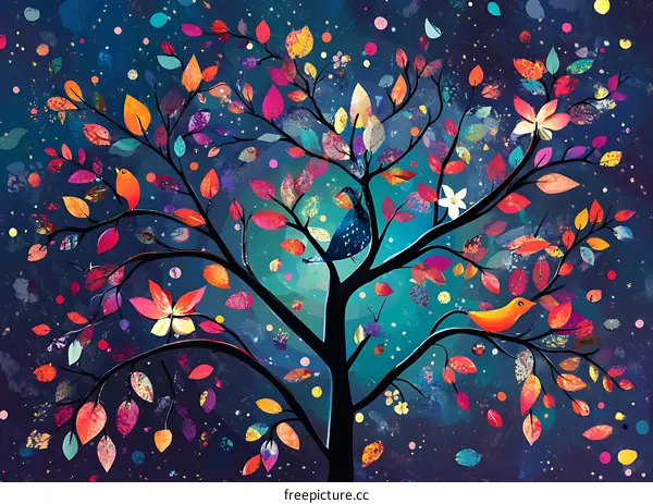 Colorful Tree With Birds Abstract Art Illustration