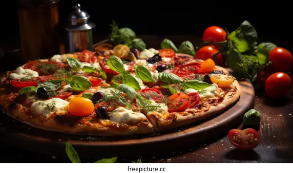 half pizza with tomatoes and olives on a table