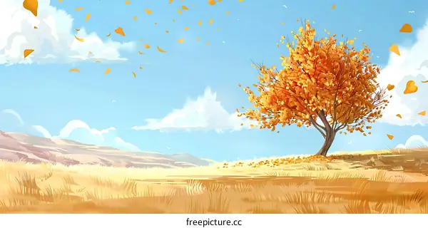 Autumn Tree Landscape With Golden Leaves