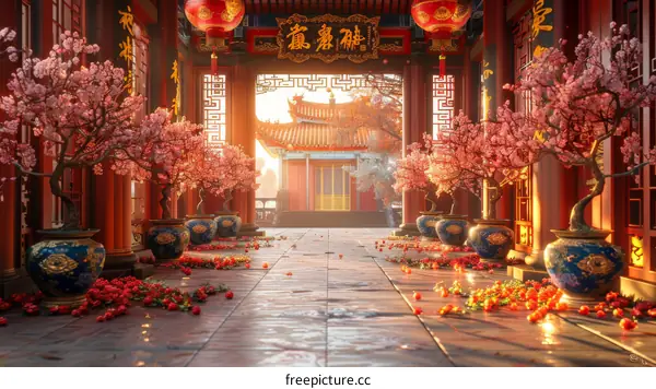 Traditional Chinese Courtyard Architecture with Red Lanterns and Cherry Blossom