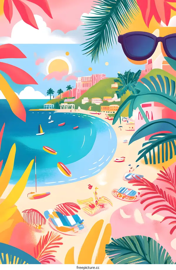 Summer Vacation Beach Scene with Sunglasses and Palm Trees